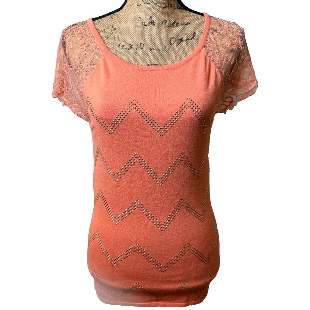Leo Guy Coral Lace Sleeve Gold Studs Chevron Pattern Knit Blouse Top Sz 6/8